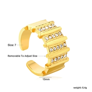 Adjustable gold stainless steel ring with four rows of rhinestones, 13mm width