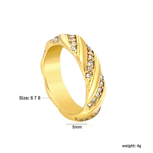 Detail view of 5mm 18k gold plated stainless steel ring with micro-set zircon accents