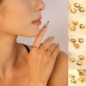 French vintage emerald and crystal open rings in gold stainless steel for women