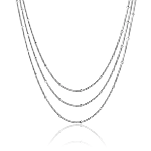 Three-layer silver bead snake chain necklace with minimalist multi-strand layering