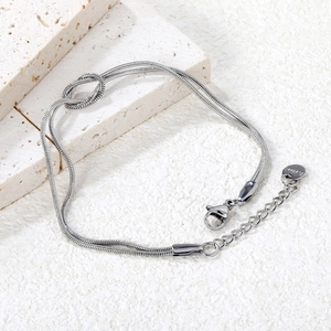 Minimalist silver double layer snake chain bracelet with knot detail and lobster clasp