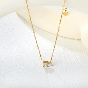 Elegant gold stainless steel necklace with rectangular and teardrop zircon pendants