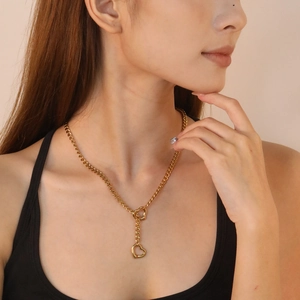 Herz Anhänger Halskette Edelstahl 18K Vergoldet Panzerkette Hip Hop Punk Minimalistischer Schmuck Für Damen