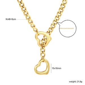 18k gold plated stainless steel double heart lariat necklace with adjustable link chain