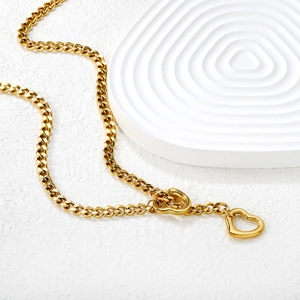 18k gold plated stainless steel double heart lariat necklace with Cuban chain