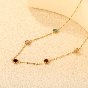 Elegant Necklace For Women 18K Gold Plated Stainless Steel With Multi Colored Round Cat Eye Stone French Style Jewelry