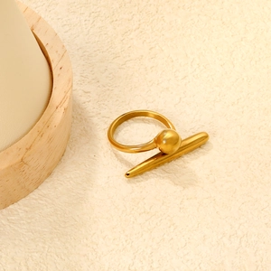 Stainless Steel Open Ring Minimalist Geometric Ball Long Bar Adjustable Gold Plated Unique Design Fashion Jewelry Women