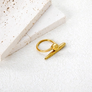 Minimalist gold stainless steel open ring with geometric sphere and bar design