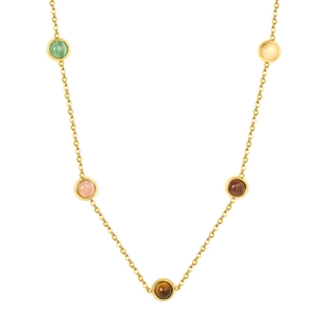 French style 18K gold-plated necklace featuring five multi-color cat eye stone pendants