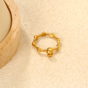 Gothic 18K gold plated stainless steel skull ring with unique bone design band