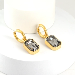 Modern 18K gold plated stainless steel hoop earrings with large grey rectangular crystals