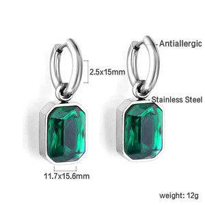 Detail of emerald green cut crystal earrings in stainless steel with size measurements