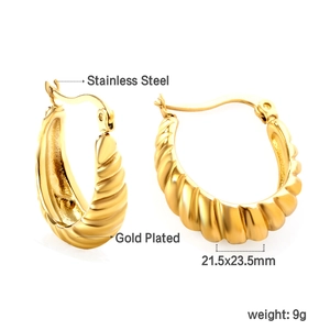 Détail de boucles d'oreilles créoles en acier plaqué or avec texture côtelée