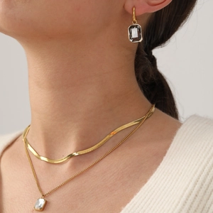18K gold plated stainless steel double layered necklace set with grey gemstone pendant
