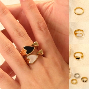 Anello Aperto A Cuore Acciaio Inossidabile Texture Martellata Irregolare Intarsio Conchiglia Smalto Regolabile Donna