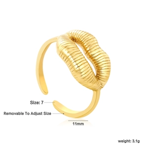 Detail view of gold open ring showing 11mm width dimensions and adjustable size design