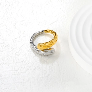 Irregular drip oil open ring with gold and silver two-tone hammered texture design