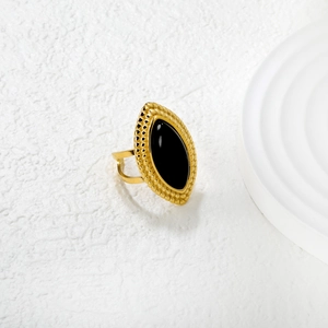 Vintage 18k gold plated marquise ring with black onyx stone on minimalist pedestal