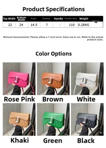 Size chart and dimensions for pleated crossbody bag with colors and PU leather specs