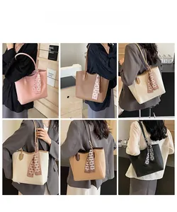 Collage of model showcasing large tote bags in pink, brown, white, beige, and black