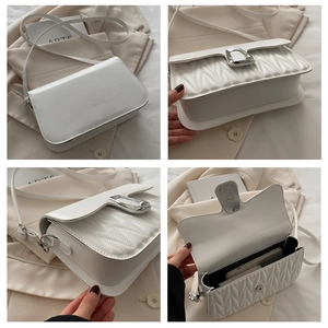 Detailed views of white quilted crossbody bag with silver buckle and interior capacity