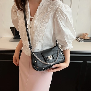 Chic black crocodile embossed underarm bag with silver chain and heart metal buckle