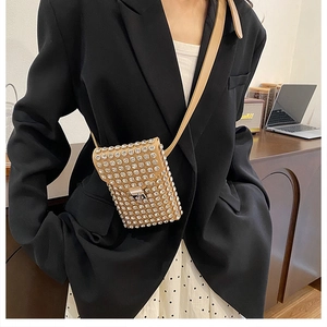 Dettaglio mini borsa per cellulare con strass argentati e chiusura a scatto girevole