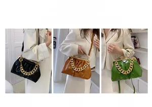 Detailed views of versatile ways to wear the pleated clutch with gold chain strap