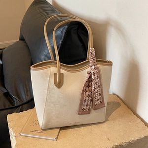 Large Tote Bag Litchi Texture PU Leather With Satin Scarf For Women Fashion Casual Commute Shoulder Handbag