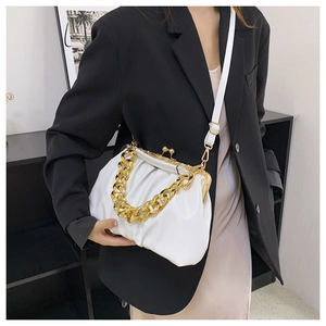 Detail of white pleated crossbody bag with gold chain strap and metal frame closure