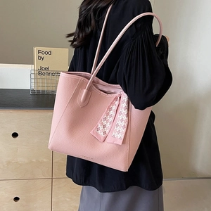 Pink large capacity faux leather tote bag with silk scarf accessory for women