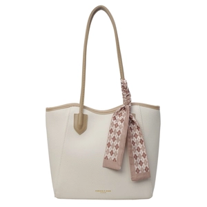Large beige tote bag in lychee leather with silk scarf detail and gold lettering