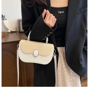 Detail of a chic color-block handbag with straw texture flap and elegant oval buckle