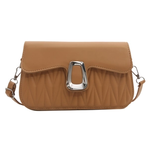 Brown quilted crossbody bag with stylish silver metal buckle on a clean white background