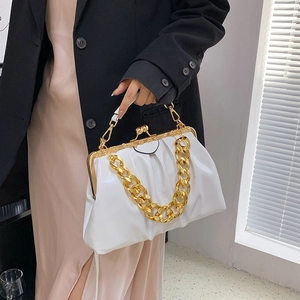 White vintage pleated clutch bag with chunky gold chain strap for women, stylish crossbody