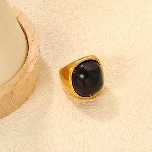 French vintage black agate square ring with wide 18K gold plated stainless steel band