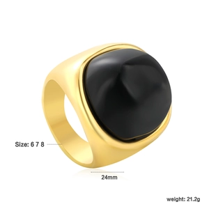 Gold stainless steel ring with rectangular black agate stone, weight 21.2g, size 6/7/8