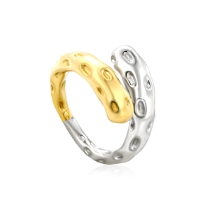 Modern two-tone irregular stainless steel open ring with 18K gold and silver textures