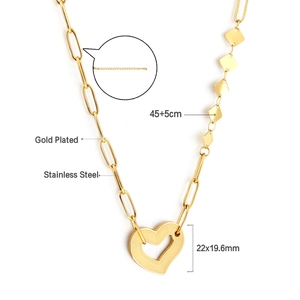 Detailed specs showing heart pendant dimensions and 18K gold plated stainless steel links
