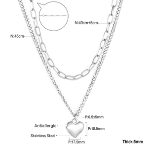 Vue détaillée du collier coeur double couche en acier inoxydable avec dimensions et fermoir