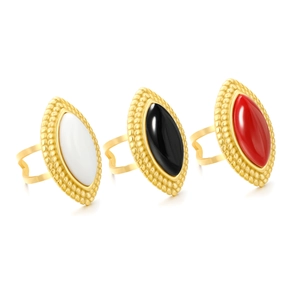 Bohemian gold ring set featuring white, black, and red marquise stones with beaded edges