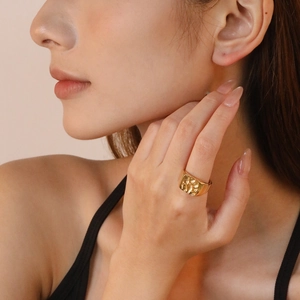Minimalist irregular hammered gold ring with vintage 18K plated stainless steel texture
