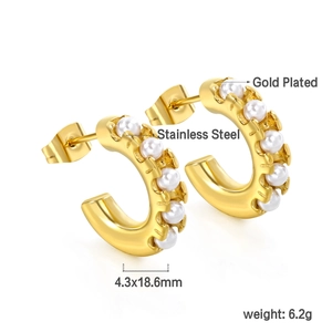 Boucles d'oreilles C en acier doré avec perles blanches, taille 4,3x18,6mm