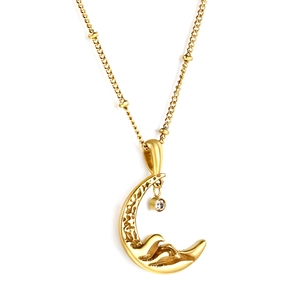 Élégant collier croissant de lune en acier inoxydable plaqué or 18K avec pendentif zircon