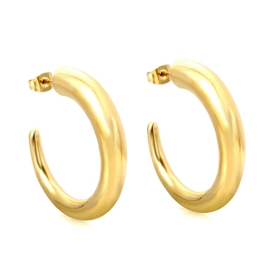 Polished chunky gold stainless steel C-shaped hoop earrings with butterfly backs