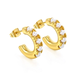 Boucles d'oreilles dorées en C de luxe français avec cinq perles blanches au design pur