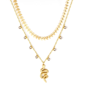 Collier double rang plaqué or 18K avec pendentif serpent, zircons et chaîne à feuilles