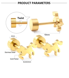 Detail of 18K gold plated stainless steel unicorn stud earrings with twist screw back