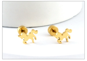 Detail view of 18K gold plated horse stud earrings with secure flat round screw backs