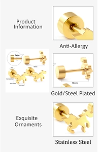 Detailed views of 18K gold-plated unicorn studs with screw-back design and dimensions